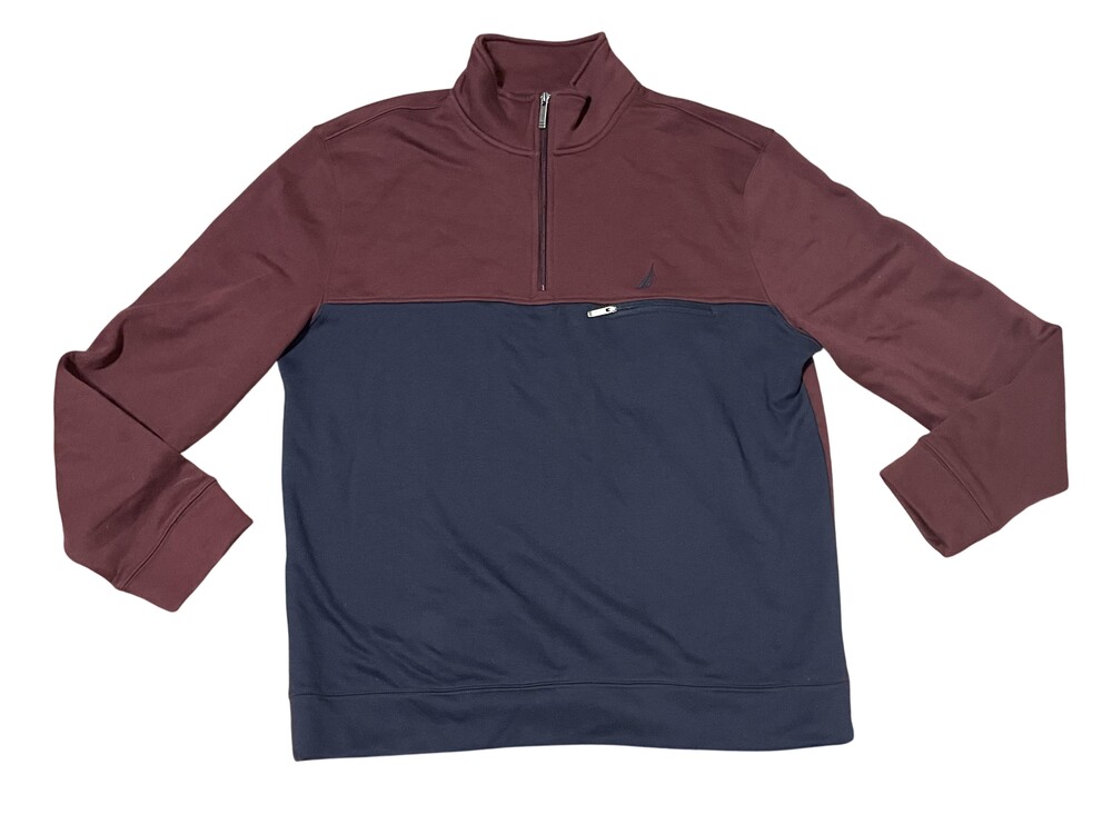 Nautica Sweatshirt Mens XL Burgundy Navy Quarter Zip Colorblock Pullover Pocket